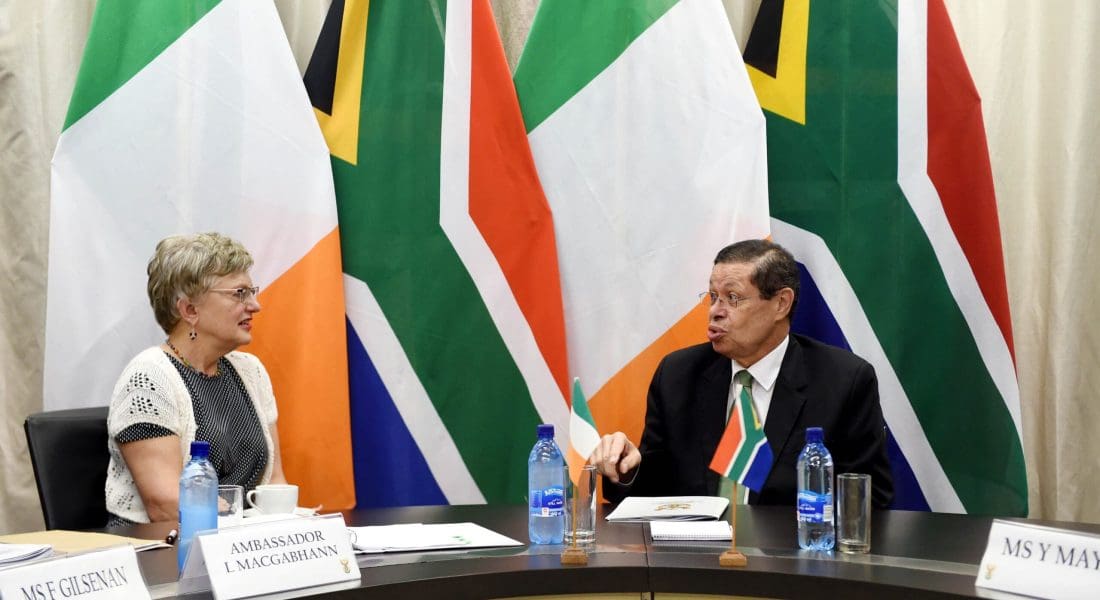 Former deputy minister of International Relations and Cooperation Luwellyn Landers receives a courtesy visit from Ireland Minister, 2019. GovernmentZA on Flickr.