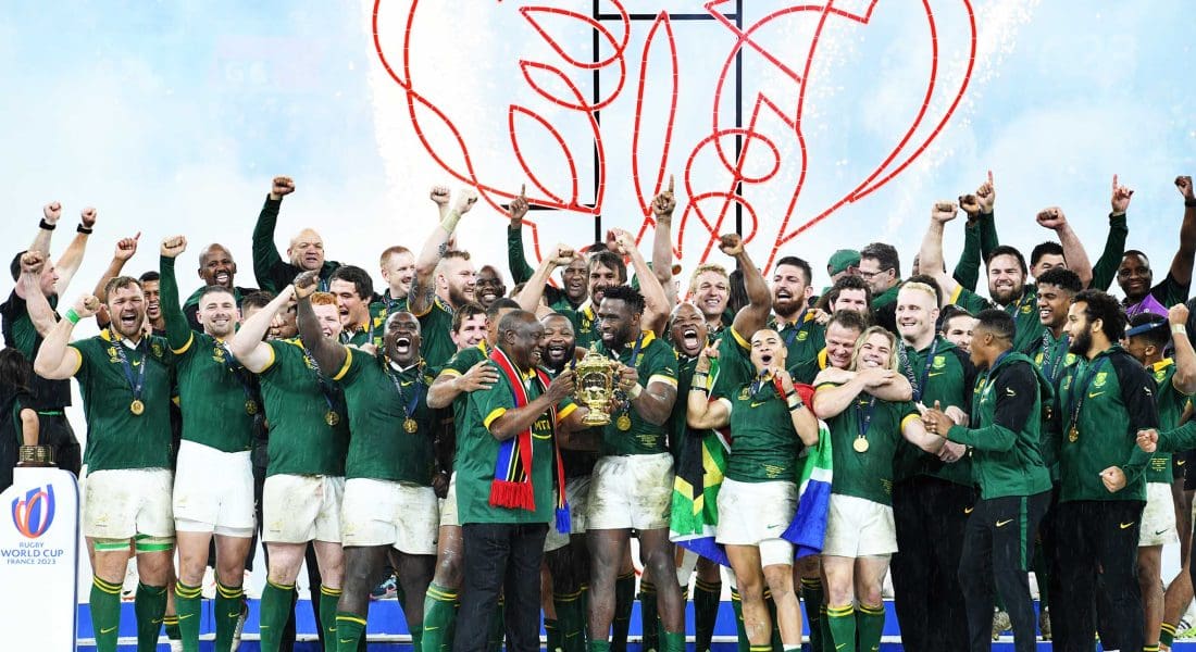 President Cyril Ramaphosa joins the Springboks on stage after winning the Rigby World Cup final against All Blacks, New Zealand. (Photos: GCIS)